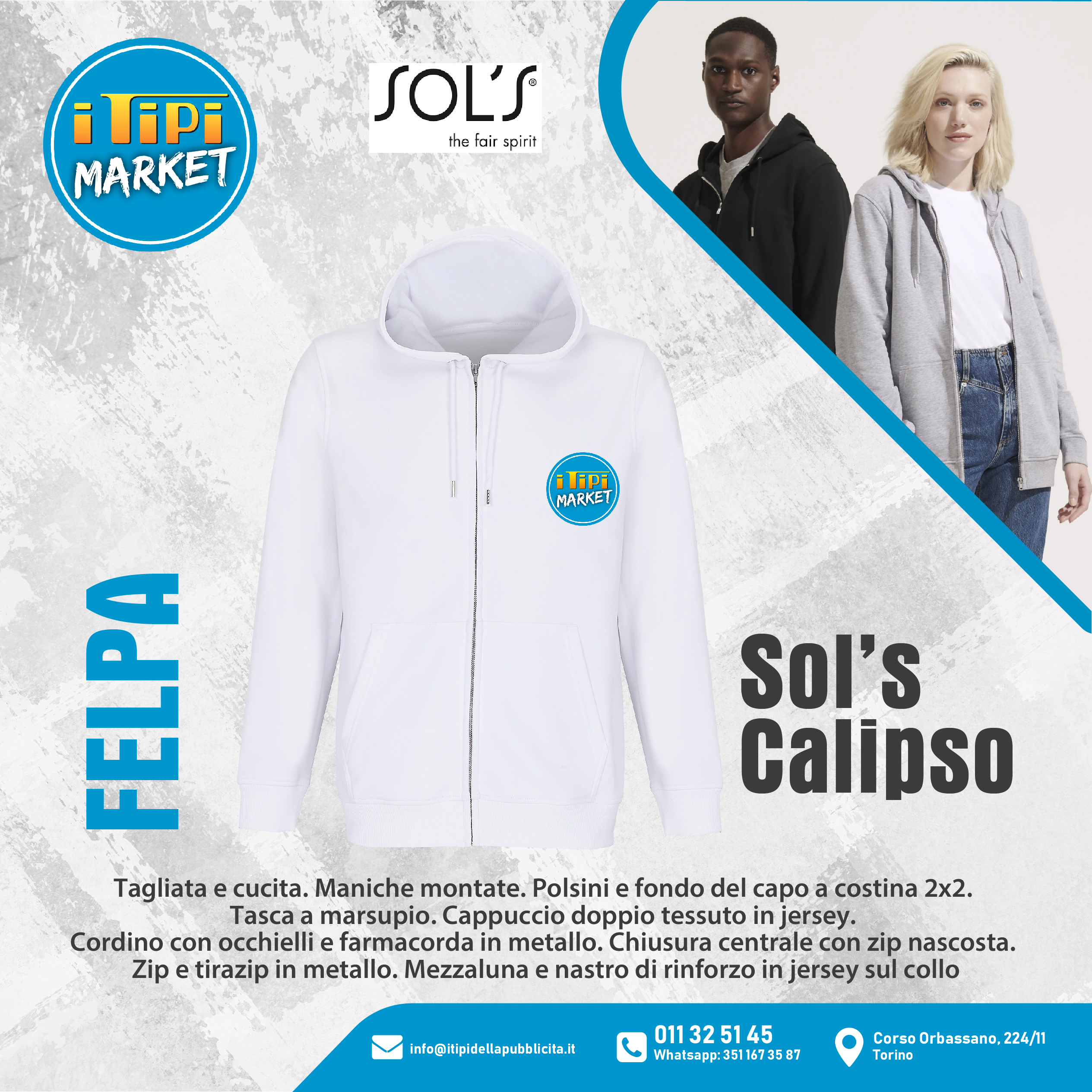Felpa full zip con cappuccio personalizzata Sol's Calipso