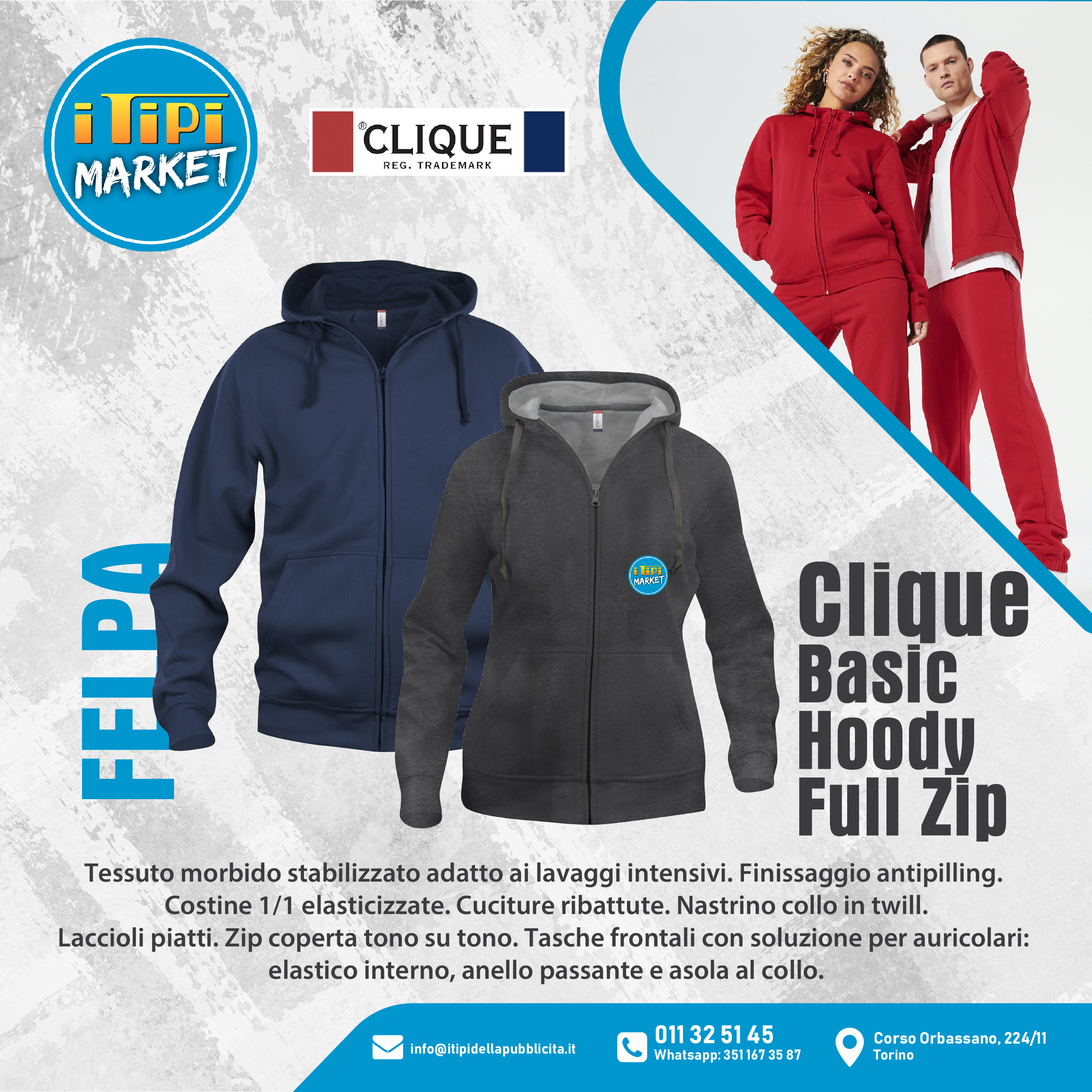 Felpa full zip con cappuccio Clique personalizzata Basic Hoody